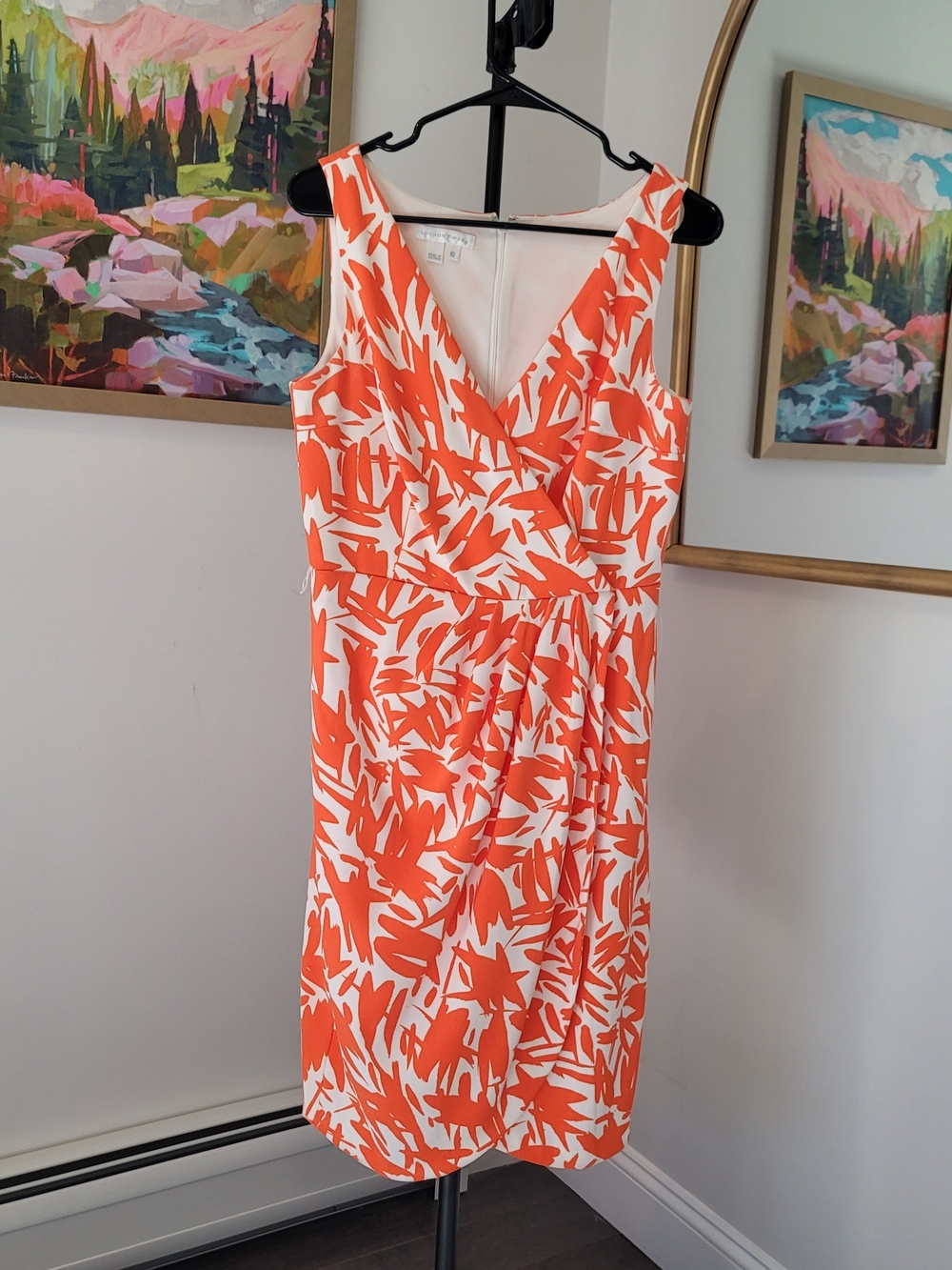 LONDON TIMES Orange and White Abstract Leaf Print Sleeveless Dress Size 10 - Picture 2 of 9